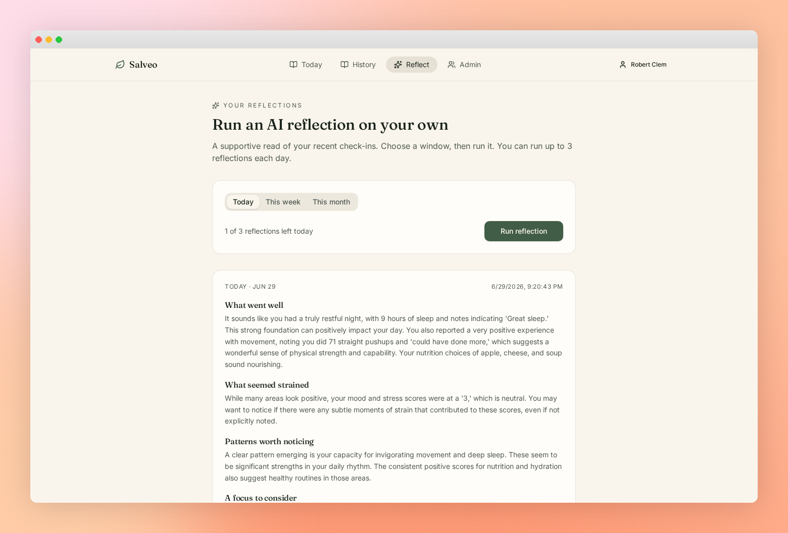 AI reflection page showing a generated read of the day's check-ins.